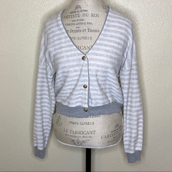 Maison Jules White & Gray Striped Cardigan Size Large - Picture 1 of 8